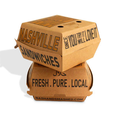 Bom preço. Caixa de hambúrguer personalizada, ecológica e resistente a óleo, em papel kraft laminado PE para embalagem de fast food para viagem on-line