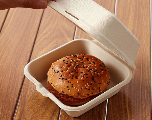 Giá tốt. Hộp đựng burger phân hủy sinh học thân thiện với môi trường bán sỉ hộp vỏ sò mía tùy chỉnh hộp đựng thức ăn nhanh mang đi trực tuyến