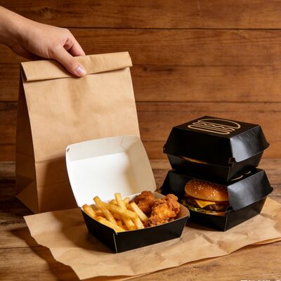 Dobra cena. Spersonalizowane pudełko papierowe z nadrukowanym logo, ekologiczne i nadające się do recyklingu, na hamburgery, frytki na wynos, pojemnik do restauracji w Internecie
