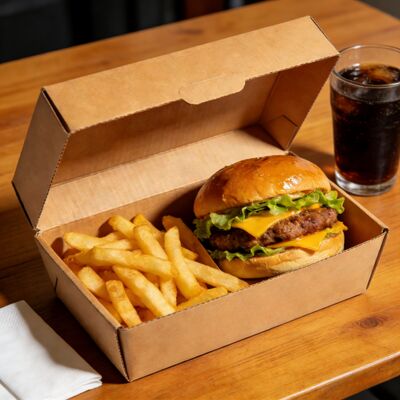 Bom preço. Caixas de embalagem de papel kraft corrugado de qualidade alimentar personalizadas para hambúrgueres e batatas fritas on-line