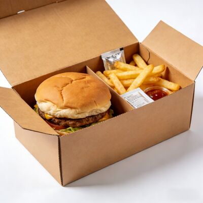 Bom preço. Caixas de papel personalizadas para hambúrgueres e batatas fritas, ecológicas, de papelão ondulado, para viagem on-line