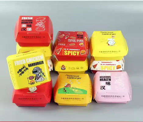 Un buen precio. Se acepta pedido personalizado Embalaje de comida rápida Kraft ecológico para hamburguesas de pollo Impresión de barniz en línea