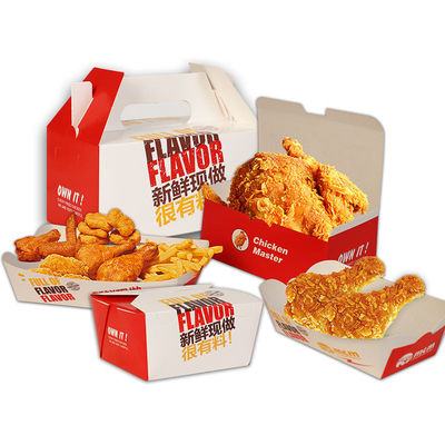 Ein guter Preis. Frühstücksfrüchte, Hamburger, gebratenes Huhn, Kartons, Fastfood-Verpackungen. Online