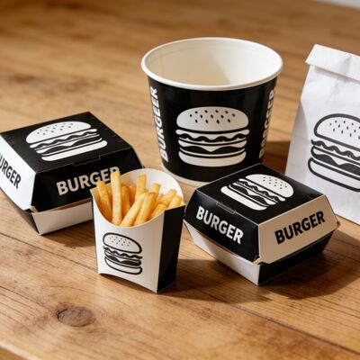 Un buen precio. Caja de hamburguesas resistente al aceite impresa a medida y respetuosa con el medio ambiente para envases de comida rápida en línea