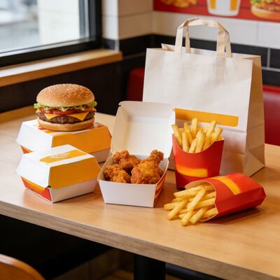 Un buon prezzo. Scatole di carta ondulata biodegradabili per fast food, hamburger, patatine fritte e pollo fritto in linea