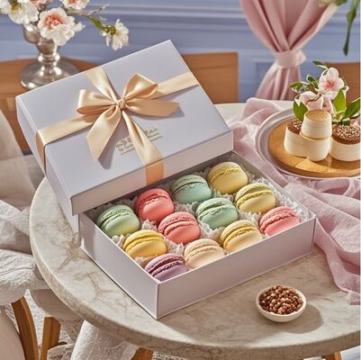 Un bon prix. Boîte cadeau macaron avec logo personnalisé et impression UV, emballage luxueux et recyclable en ligne